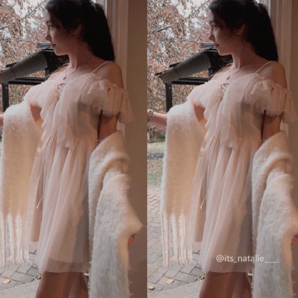 Beige Falbala Laced Tulle Dress